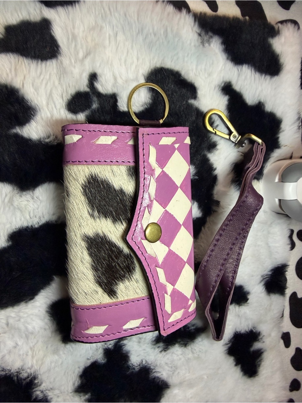 Pink Cowhide Heart Pattern Key Wallet with Wrist Strap